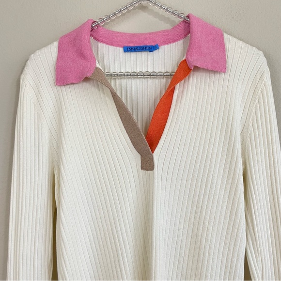 J. McLaughlin Cream Pink Collared Henley Ribbed Slim Sweater Size Small - Picture 4 of 8
